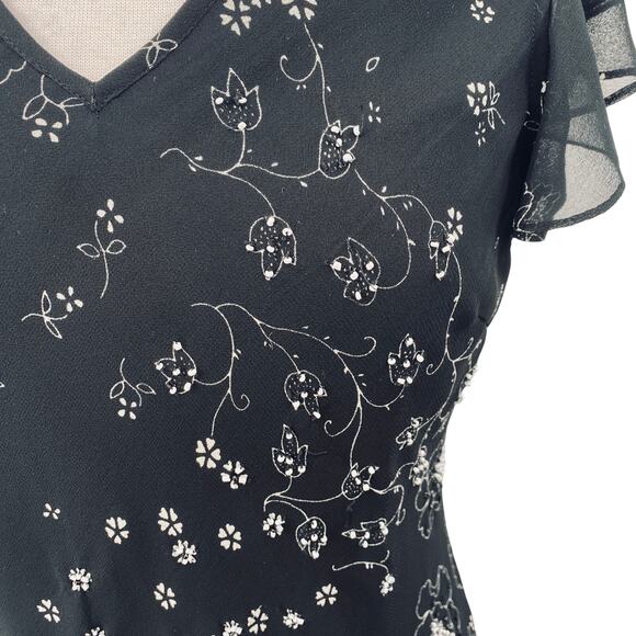 Vintage Y2k Beaded Floral Bias Cut Midi Dress Flutter Sleeve Fairy Black Medium - Picture 5 of 11